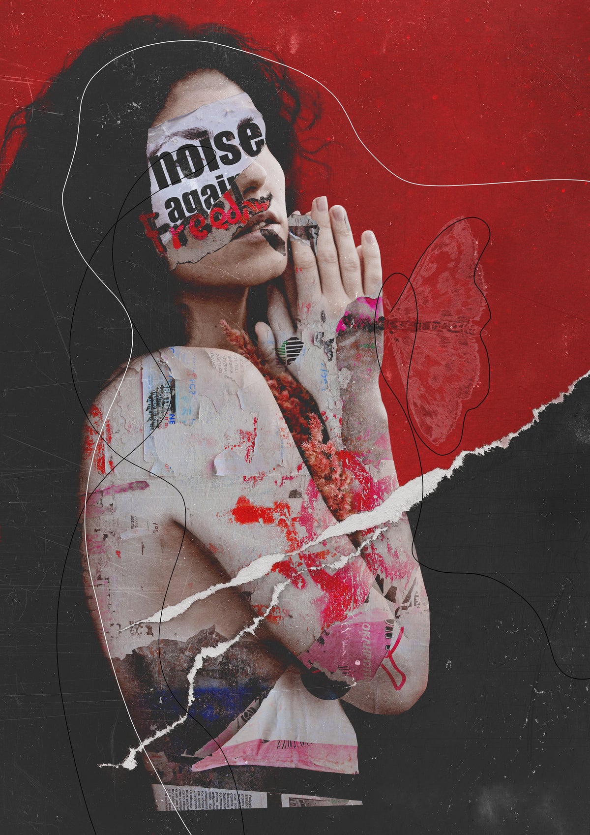 A stylized collage artwork of a woman in profile against a split red and black background, with torn-paper effects, collage elements, and the text 'noise again free!'.