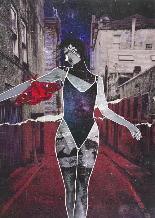 Collage art of a person in a swimsuit of space with a cityscape background and a moth