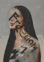 Artistic depiction of a person with tattoos on a textured gray background