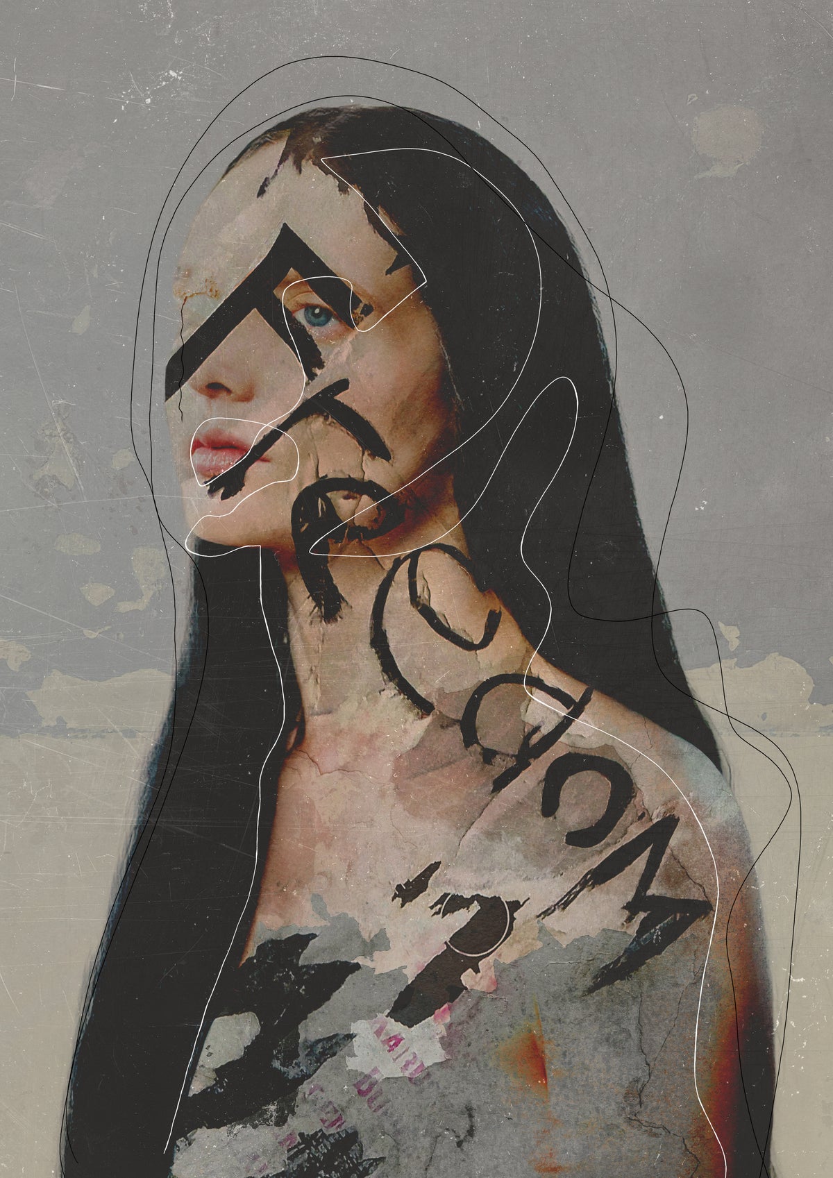 Artistic depiction of a person with tattoos on a textured gray background