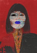A stylized portrait artwork of a person with a black bob haircut, a red background, and a face made from collage elements including text, a blue oval, and a tattooed neck. The face area is obscured by a gray rectangle.