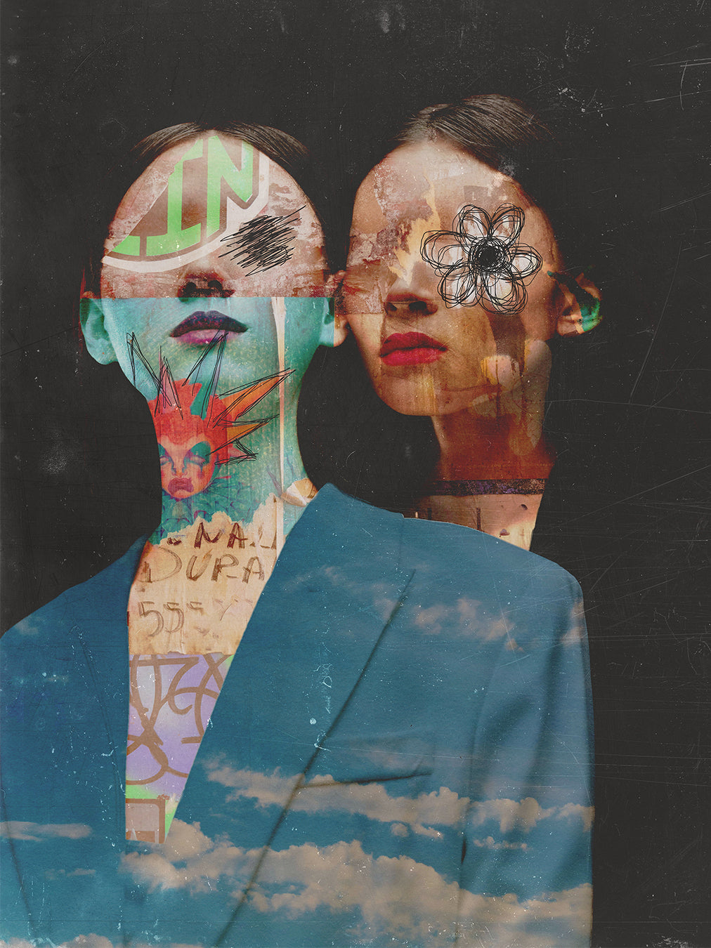 Collage art with two women wearing a blue jacket and various abstract elements.