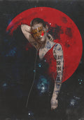 Artistic depiction of a person with tattoos against a cosmic background with a red moon.