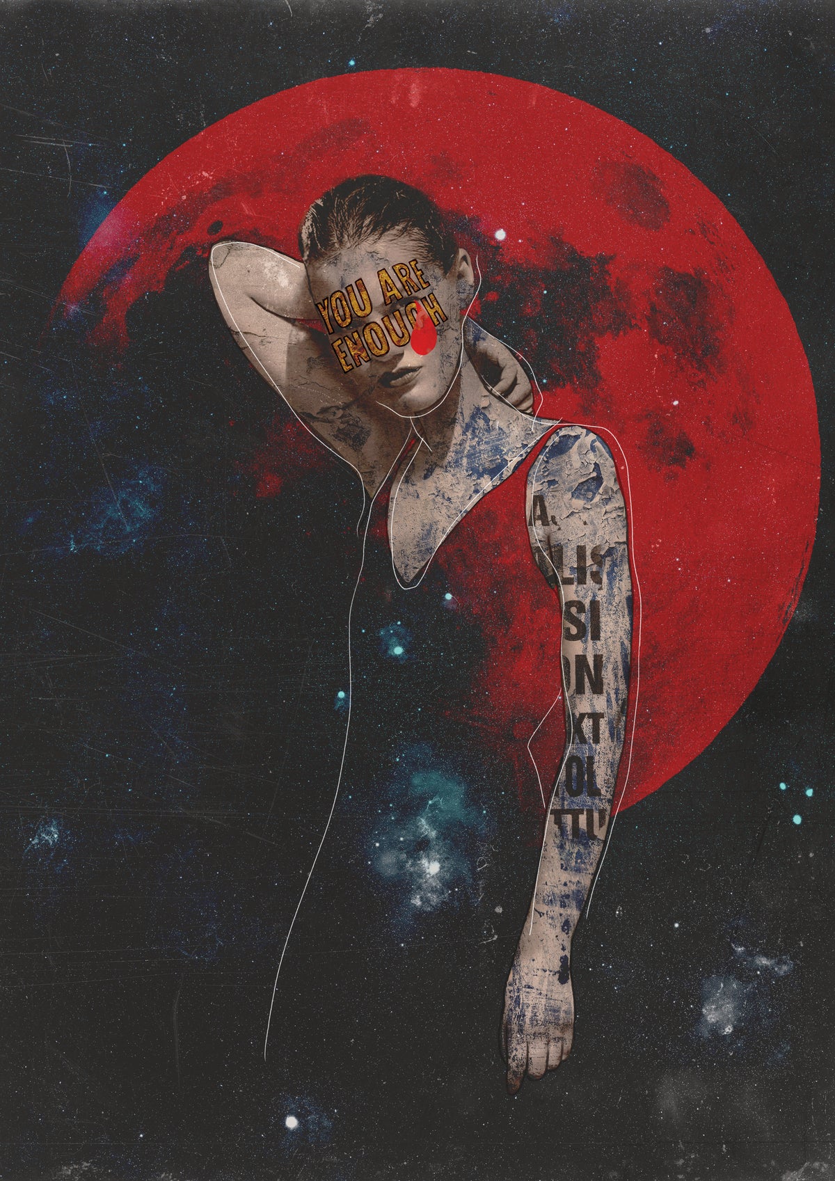 Artistic depiction of a person with tattoos against a cosmic background with a red moon.