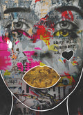 Collage art with colorful text, a gold coin, and a heart on a black background