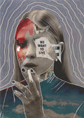 Collage art with a woman's face, a hand, and text on a textured background