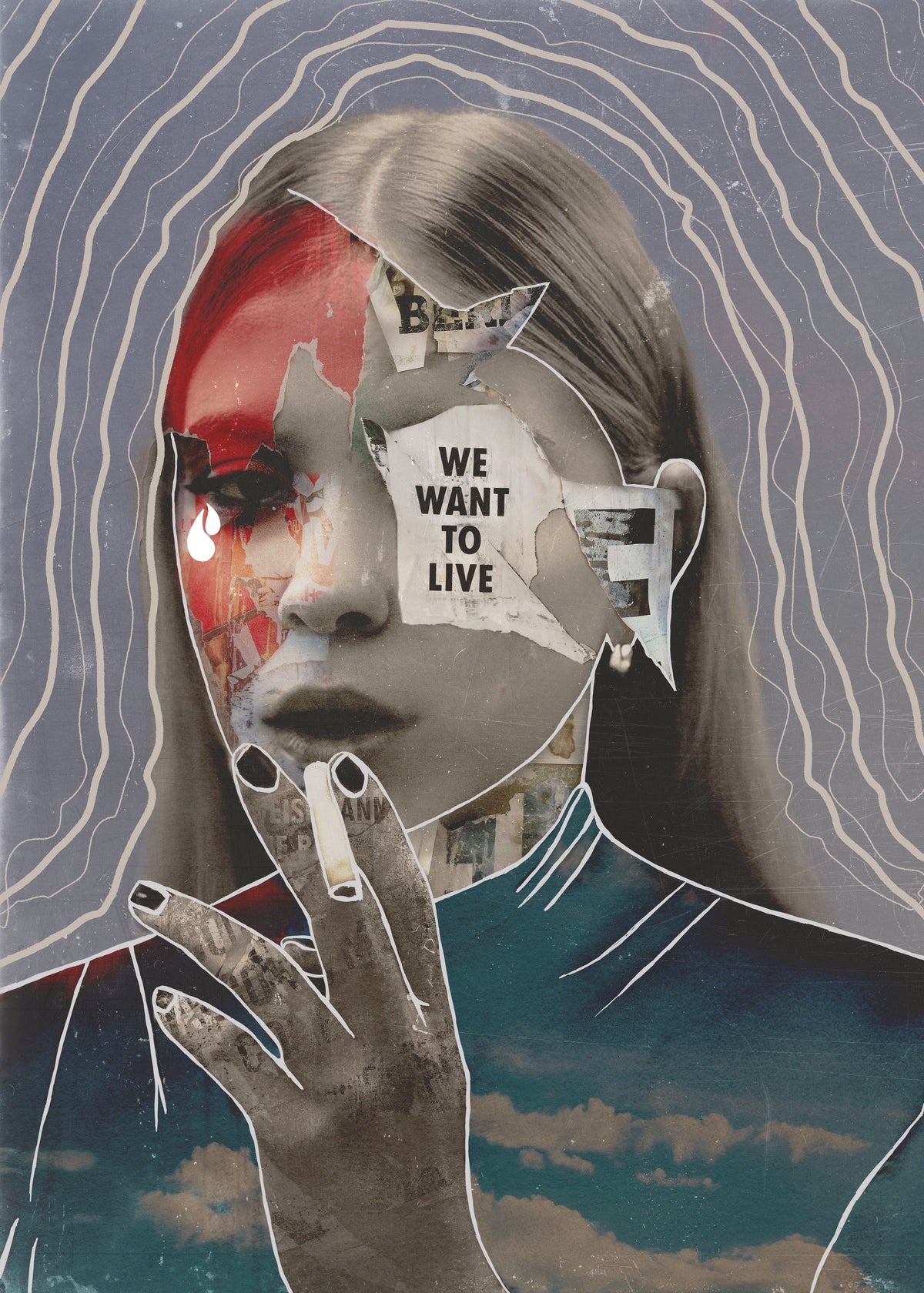 Collage art with a woman's face, a hand, and text on a textured background