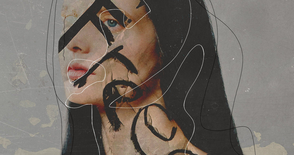 Abstract portrait artwork of a woman's face and neck with black brushstrokes, white contour lines, and a textured gray background.