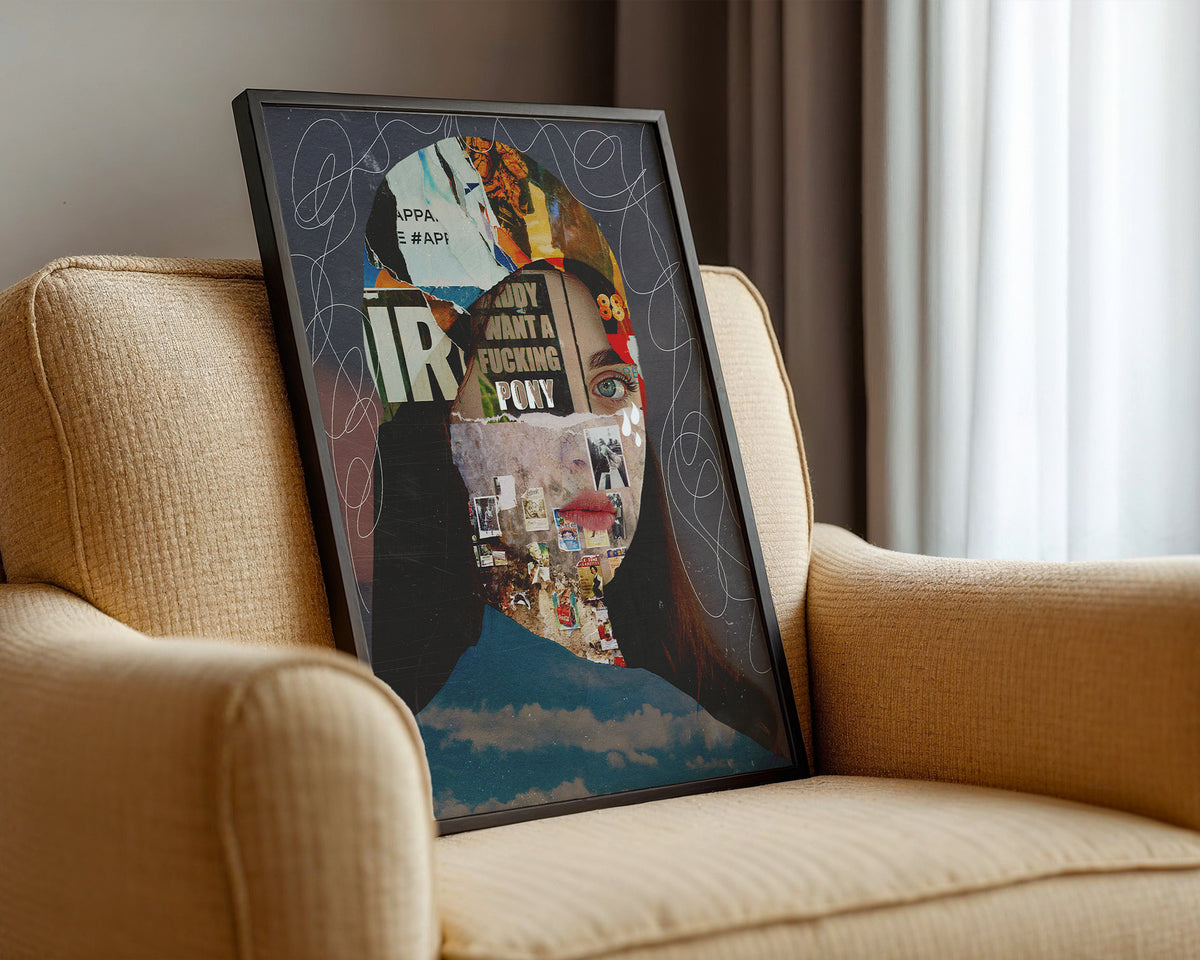 Framed collage art on a beige armchair with a neutral background
