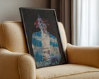 Framed collage artwork of a person with a dragonfly and cloud design on a beige armchair.