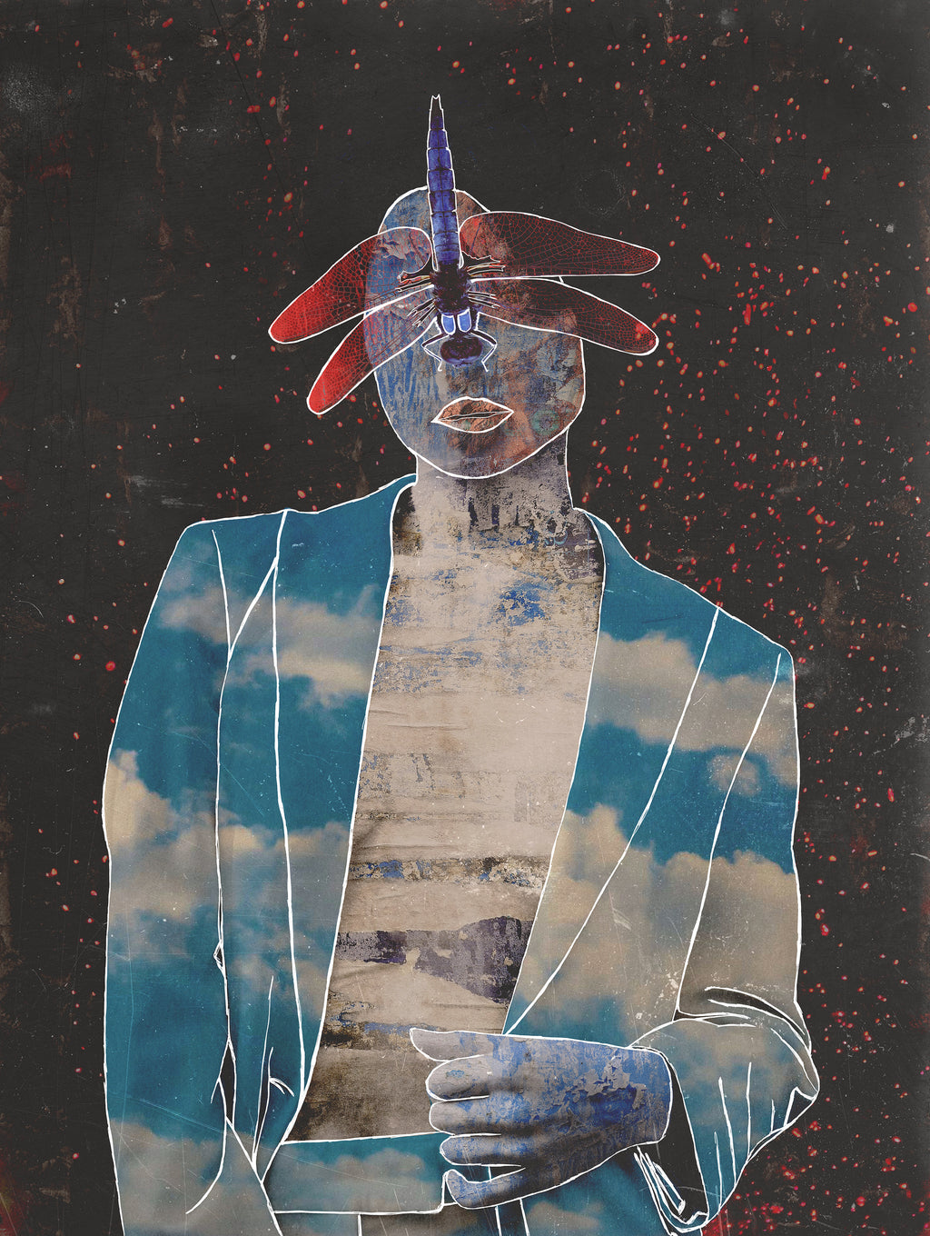Artistic depiction of a figure with a blue sky jacket and a dragonfly against a dark background
