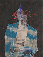 Artistic depiction of a figure with a blue sky jacket and a dragonfly against a dark background