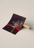 A rolled poster or art print lies on a cardboard tube, partially unrolled to show a dark, moody portrait design with red, black, gray, and gold tones and the text 'WITH ALL MY HEART'.