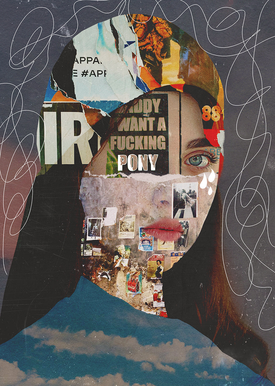 Collage art with a woman's face and various text and images on a dark background