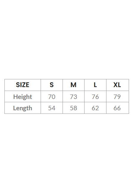 A size chart table showing height and length measurements for sizes S, M, L, and XL on a plain white background.