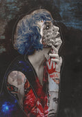 Collage of a person with tattoos holding a phone with text, against a dark background.