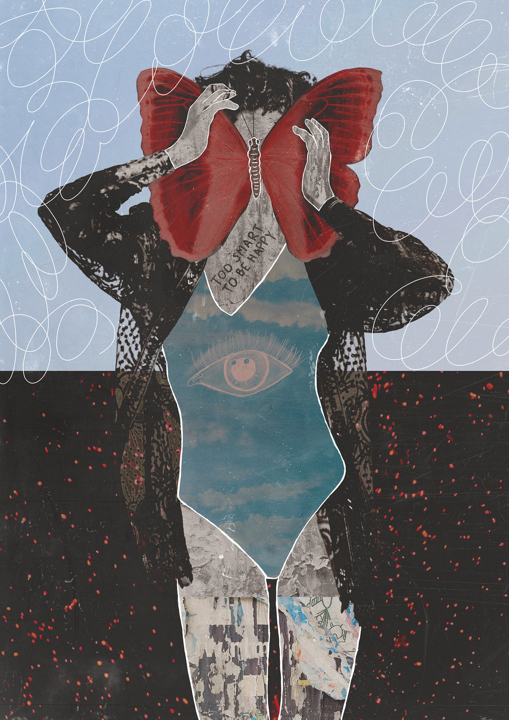 Artistic depiction of a person holding a red butterfly against a blue and black background