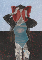Artistic depiction of a person holding a red butterfly against a blue and black background