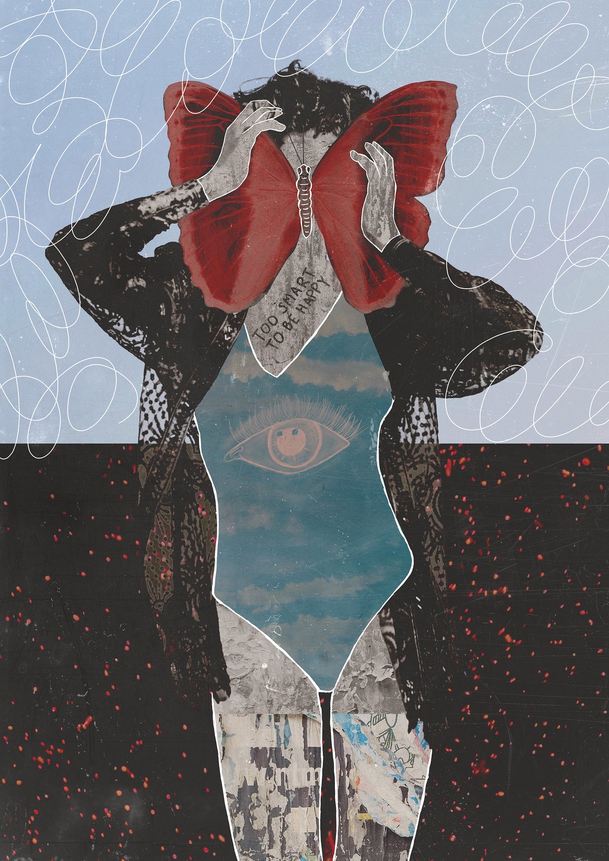 Artistic depiction of a person holding a red butterfly against a blue and black background