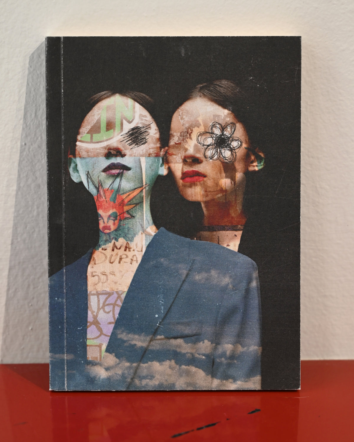 A hardcover art book or journal standing upright on a red surface against a light beige wall. The cover features a surreal collage portrait of two women with mixed media elements including graffiti, a red fox, and a flower motif, with a blue sky and clouds printed over the lower portion.