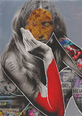 Collage of a woman with a tattoo and a red sleeve, with a textured background.