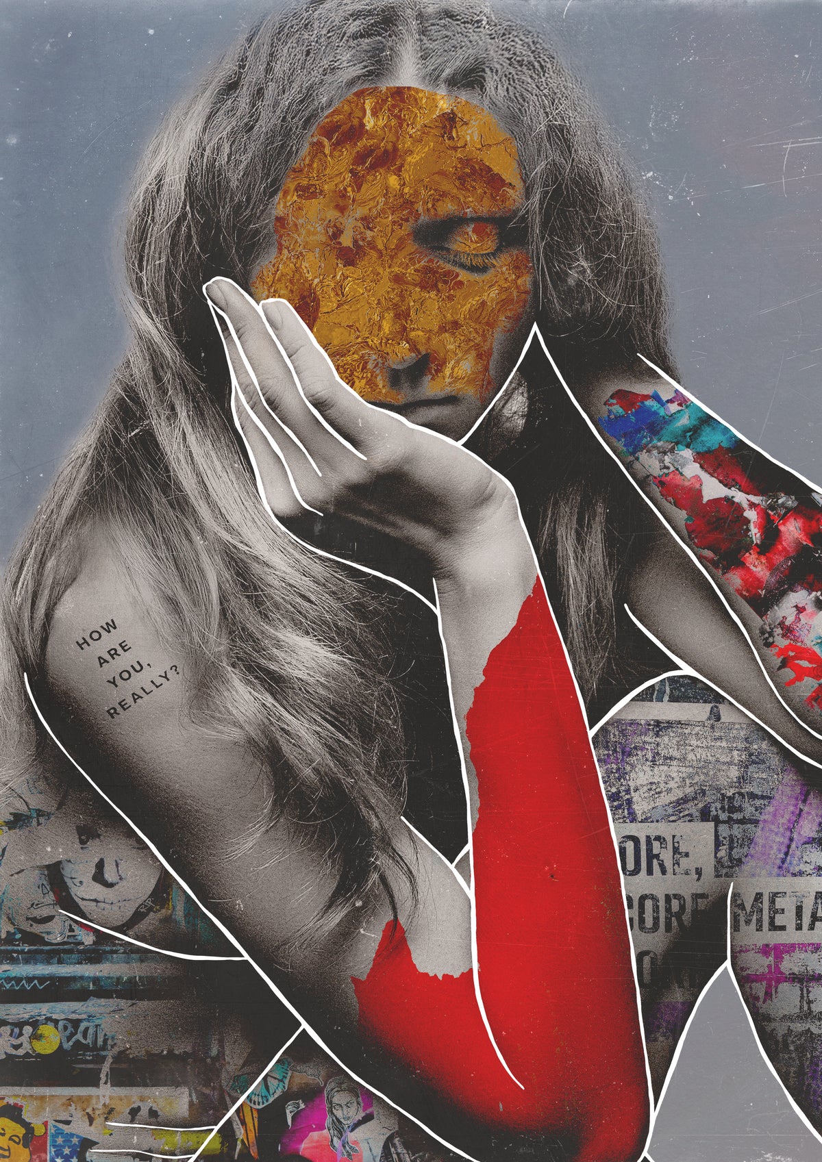Collage of a woman with a tattoo and a red sleeve, with a textured background.