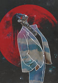 Artistic silhouette of a person on a sky suit, with text on a red moon and black space background