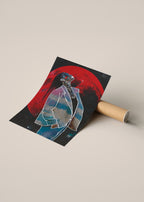 A rolled sheet of paper with a surreal printed artwork lies on a cardboard tube. The artwork shows a stylized figure in a jacket of sky against a large red moon on a dark background.