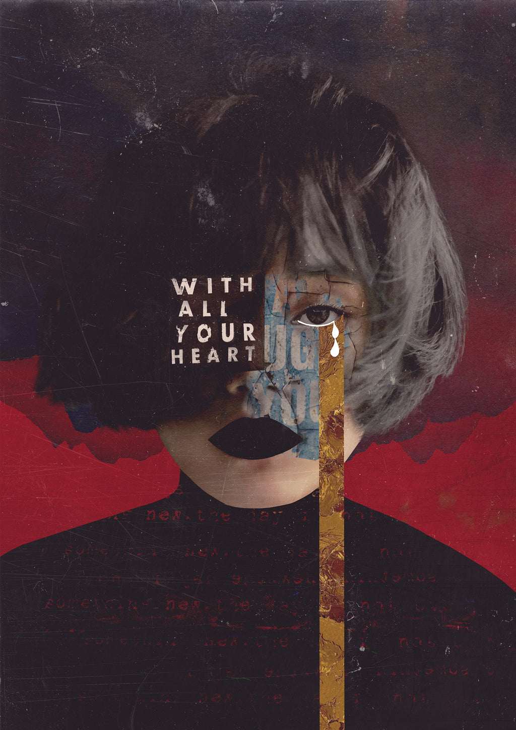 Artistic digital collage portrait of a woman with text overlay on a dark background
