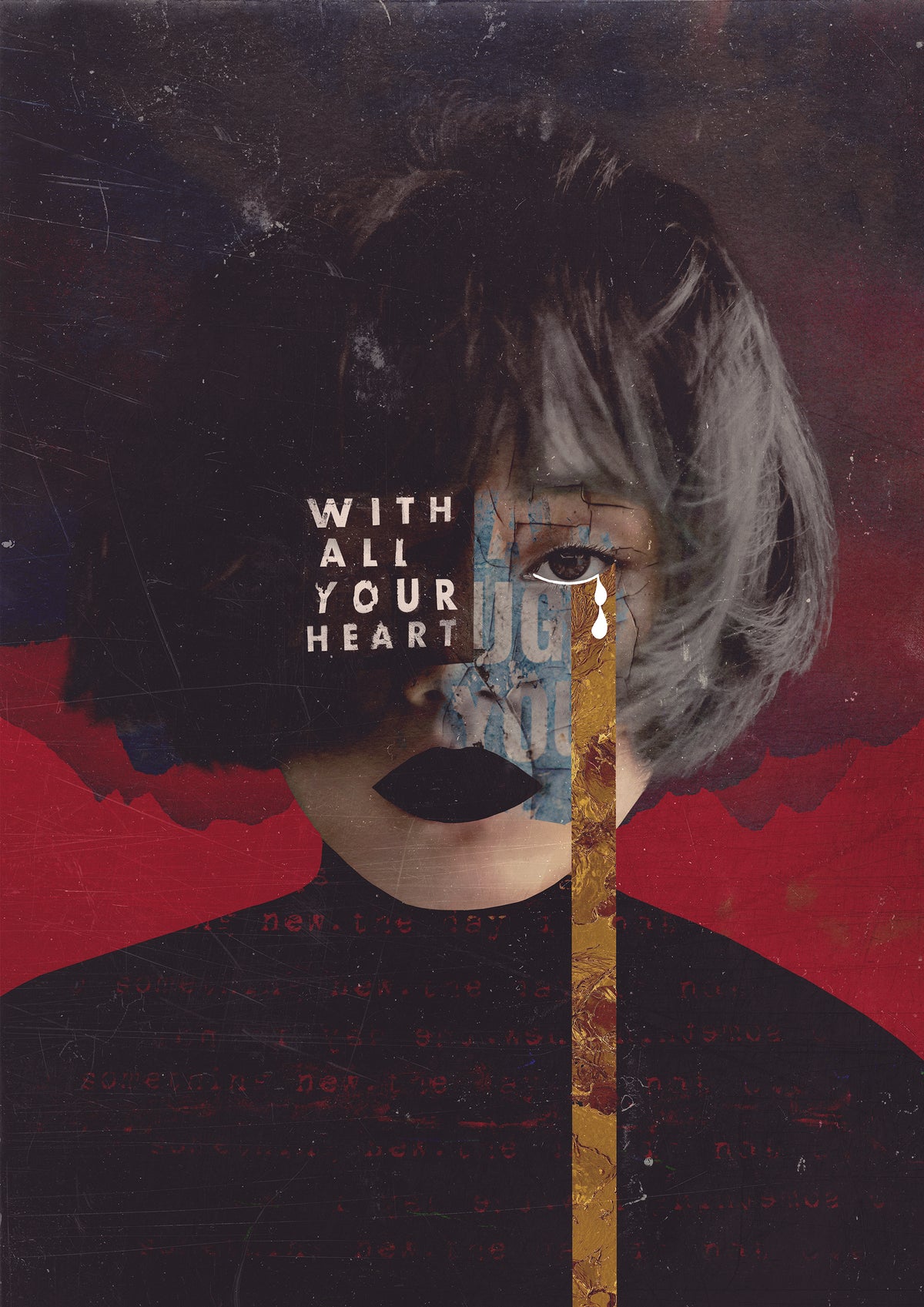 Artistic digital collage portrait of a woman with text overlay on a dark background