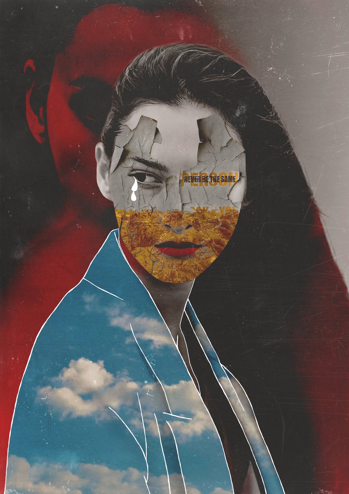 Collage art with a face, red background, and blue sky with clouds.